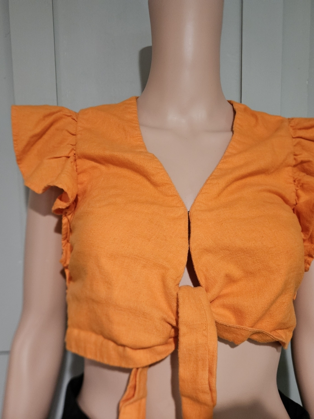 Abercrombie Orange Linen Tie Front Top Ruffle Sleeve Crop Euro Summer. XS - Picture 7 of 16